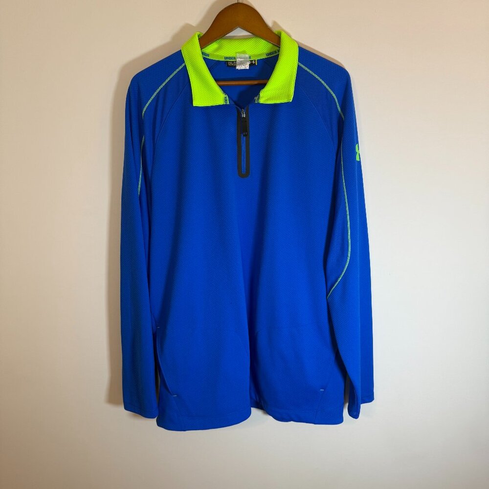 Under Amor‎ Cold Gear Sweater Mens 2XL Blue 1/4 Zip Warm Up Jacket Pockets